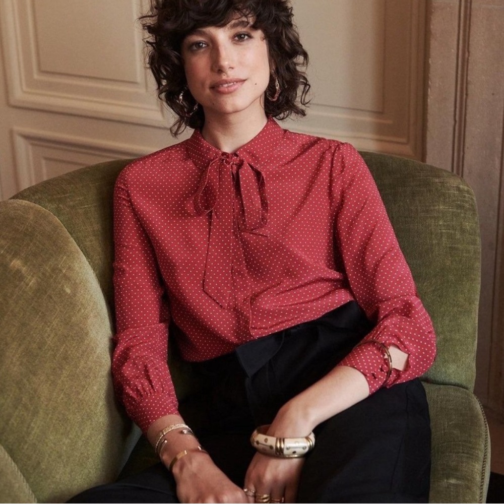 Sezane Lady Shirt - Red polka dot Silk Blouse with detachable bow
